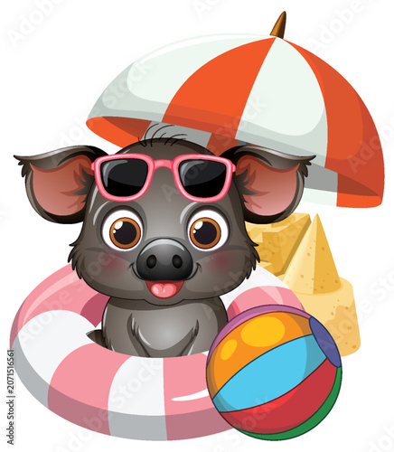 Cartoon Wild Boar Piglet Enjoying Summer Beach Vacation Illustration