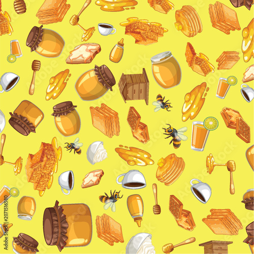 Seamless Vector Pattern of Honey Breakfast Items and Bees on Yellow