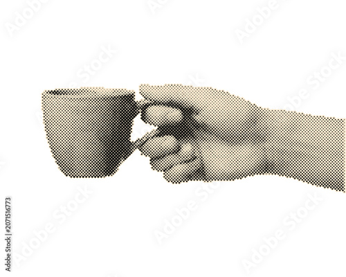 Hand pouring coffee from vintage retro halftone ceramic cup with circle dots pattern illustration isolated on transparent background