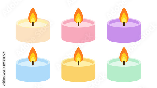 Konstfotografi Set of six colorful lit candle icons in flat vector style
