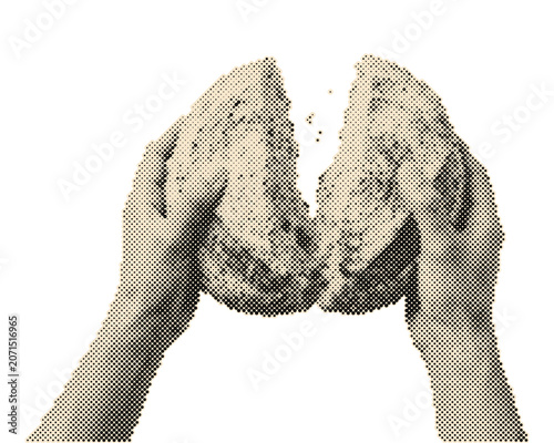 Konstfotografi Hands holding a vintage retro halftone bread loaf illustration with circle dots