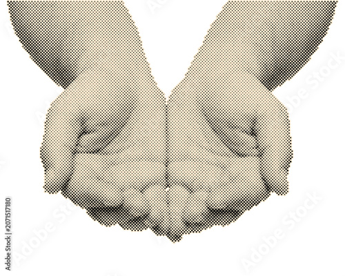 Hands holding together in unity and support vintage retro halftone vector illustration with circle dots pattern isolated on transparent background