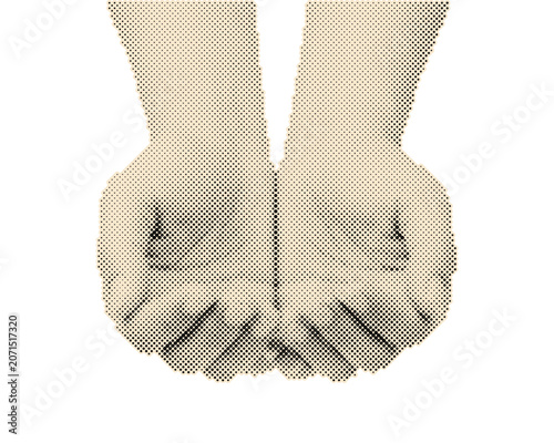 Cupped hands holding gesture in vintage retro halftone vector illustration with circle dots pattern isolated on transparent background