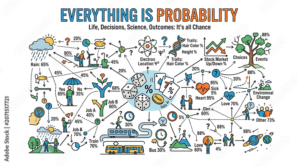 Naklejka premium A vibrant infographic illustrating probability concepts with various icons and symbols on a white background.