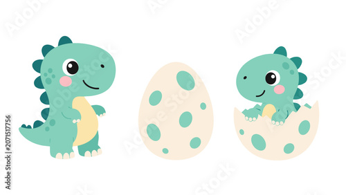 Photos Cute baby dinosaur cartoon with spotted egg on white