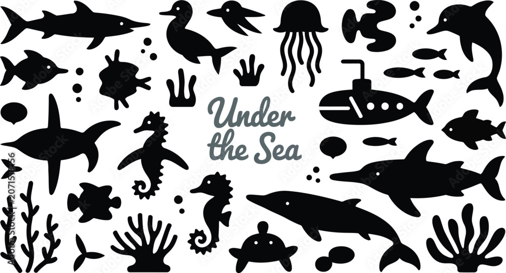 Obraz premium Under the sea themed collection of marine animal silhouettes for educational graphic projects