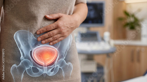 Woman suffering from bladder pain with holographic pelvic anatomy overlay. Female patient holding painful lower abdomen, medical clinic diagnostics for cystitis or urinary infection