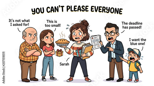 A frustrated woman holds a cake while surrounded by discontent people in a comedic scene.