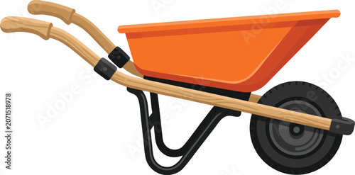 Фотография Orange wheelbarrow illustration with wooden handles and black tire on a transpar