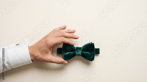 Flat Lay Top View of Hand Presenting a Deep Emerald Green Velvet Bow Tie Accessory