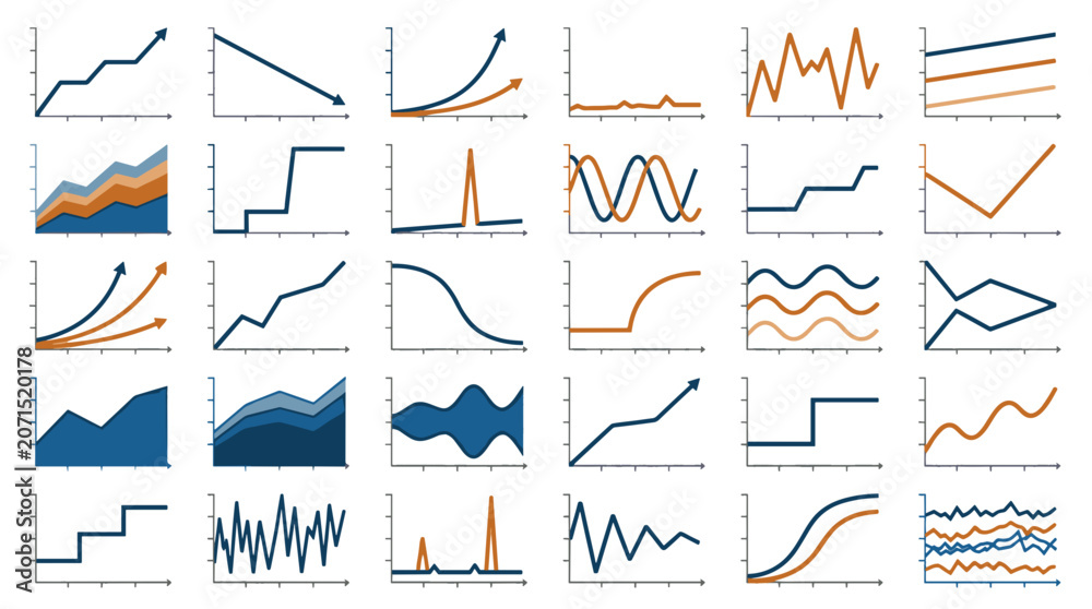 Obraz premium Various data visualization graphs in blue and orange colors 