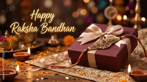 Traditional Raksha Bandhan Celebration Scene with Gift Box and Rakhi on Festive Background
