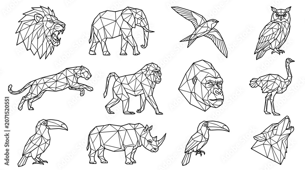 Fototapeta premium Geometric line art illustrations of various animals in black and white
