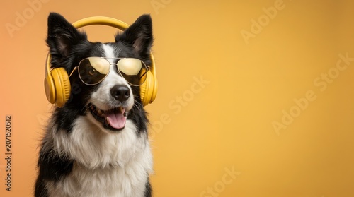 Cool Border Collie Dog Wearing Yellow Headphones and Gold Sunglasses on Orange Background
