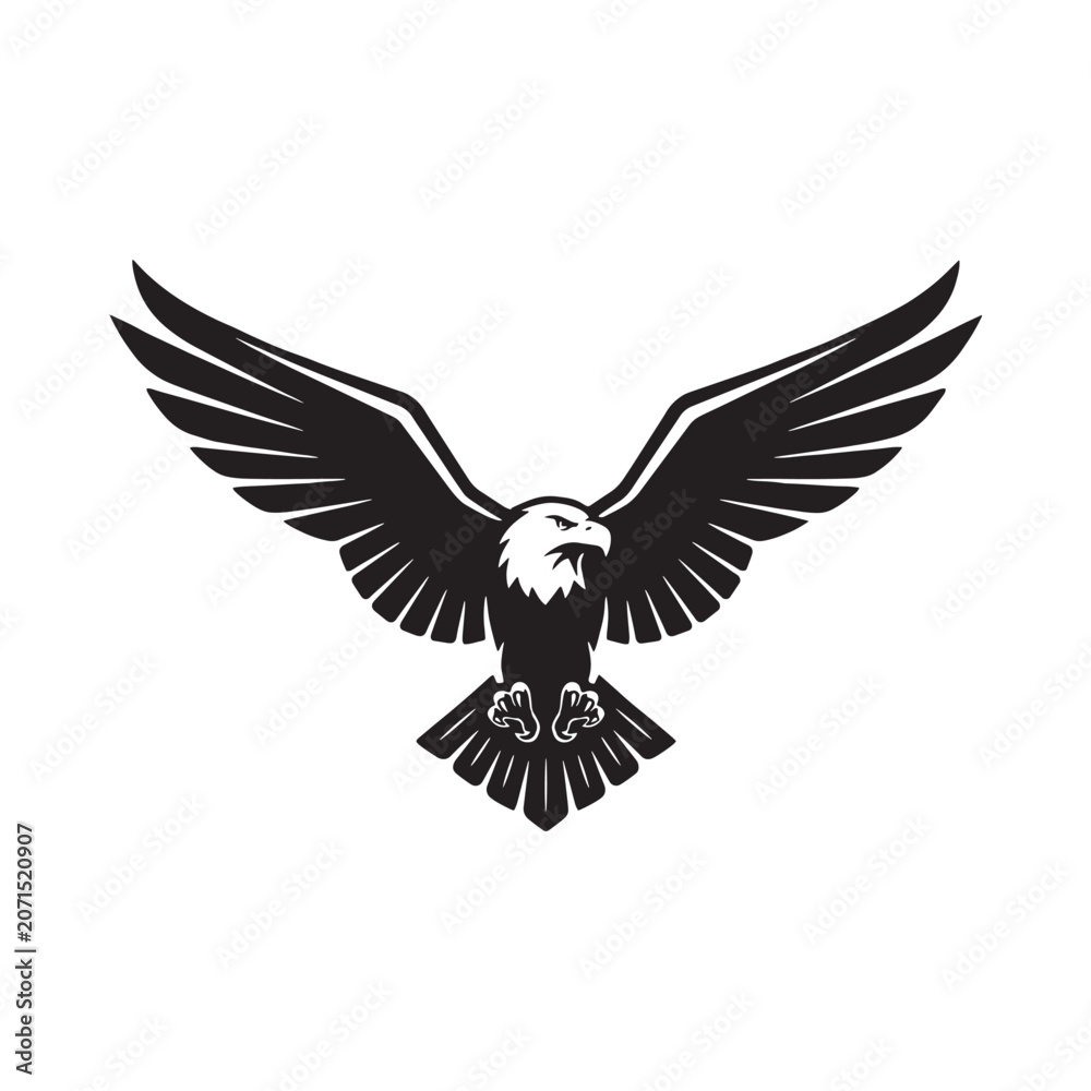 Fototapeta premium Eagle Silhouette With Wings Spread Black On White Background