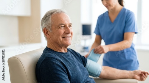 Smiling senior individual having blood pressure measured by a medical professional or nurse at home, highlighting healthcare monitoring, social support, and senior care.