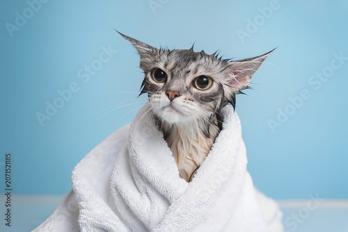 A small wet gray tabby kitten with large expressive eyes sits wrapped snugly in a fluffy white towel. The kitten's damp fur is slicked back and water droplets