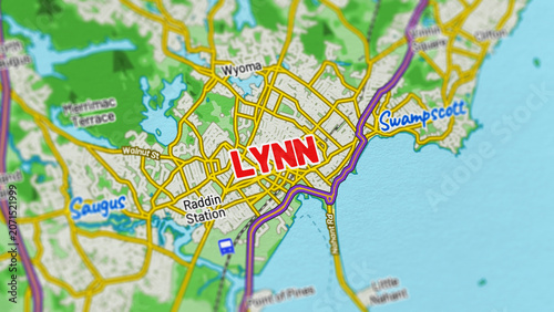 Bild auf Leinwand Macro View of Lynn Massachusetts Map Showing Detailed Streets, Roads, and Geogra