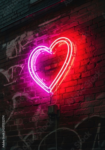 Neon heart sign illuminates brick wall symbolizing love and affection