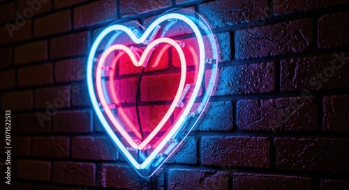 Neon heart sign on brick wall bright illuminated symbol of affection