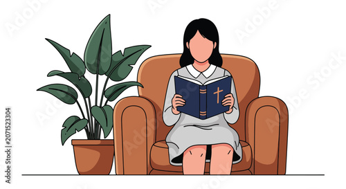 Obraz na płótnie Flat style vector illustration of a woman reading the Holy Bible in a cozy living room with warm sunlight and peaceful atmosphere