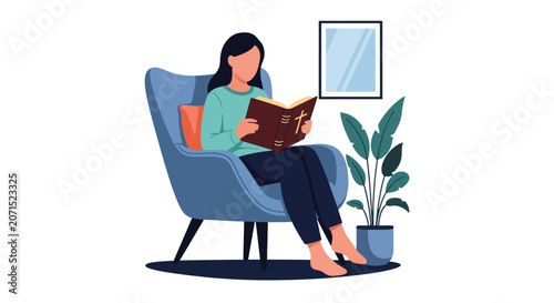Fotografie Flat style vector illustration of a woman reading the Holy Bible in a cozy living room with warm sunlight and peaceful atmosphere