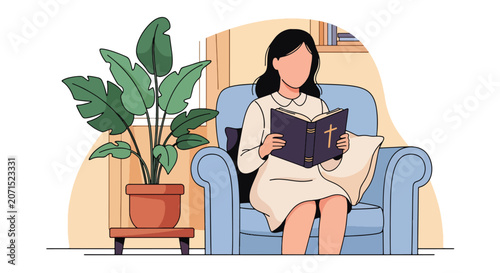 Schilderij op canvas Flat style vector illustration of a woman reading the Holy Bible in a cozy living room with warm sunlight and peaceful atmosphere