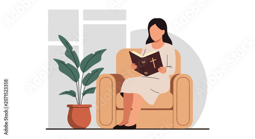 Bild auf Leinwand Flat style vector illustration of a woman reading the Holy Bible in a cozy living room with warm sunlight and peaceful atmosphere