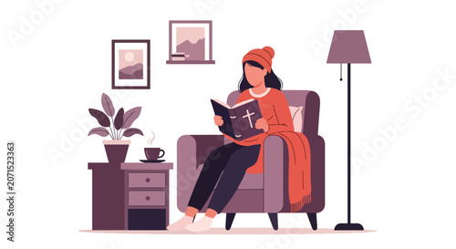 Obraz na płótnie Flat style vector illustration of a woman reading the Holy Bible in a cozy living room with warm sunlight and peaceful atmosphere