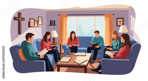 Canvastavla Flat style vector illustration of a Christian small group gathered for Bible study and fellowship in a home setting