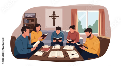 Photos Flat style vector illustration of a Christian small group gathered for Bible study and fellowship in a home setting