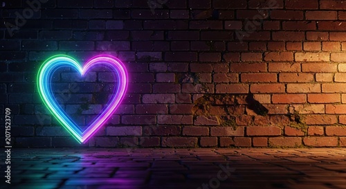 Neon heart symbol on brick wall love and romance concept