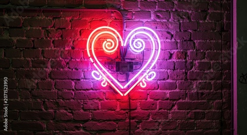 Neon heart symbol on brick wall modern design and romantic concept