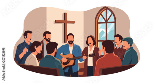 Schilderij op canvas Flat style vector illustration of believers singing worship songs with acoustic guitar during fellowship