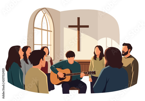 Fotografie Flat style vector illustration of believers singing worship songs with acoustic guitar during fellowship