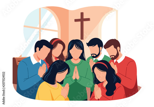 Tableau sur toile Flat style vector illustration of believers bowing their heads together in prayer inside a church sanctuary