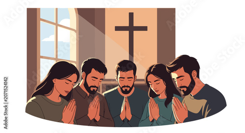 Fotografie Flat style vector illustration of believers bowing their heads together in prayer inside a church sanctuary