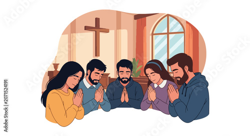 Fotografie Flat style vector illustration of believers bowing their heads together in prayer inside a church sanctuary