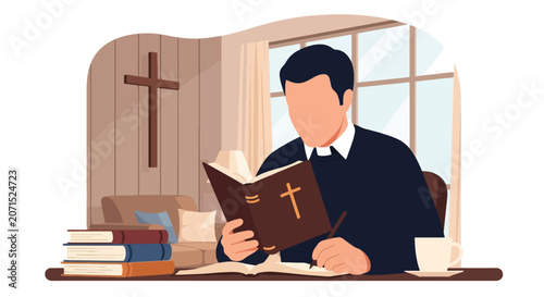 Canvastavla Flat style vector illustration of a Christian man studying scripture and taking notes at a desk