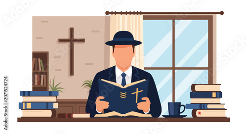 Vászonkép Flat style vector illustration of a Christian man studying scripture and taking notes at a desk