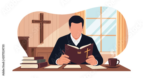 Konstfotografi Flat style vector illustration of a Christian man studying scripture and taking notes at a desk