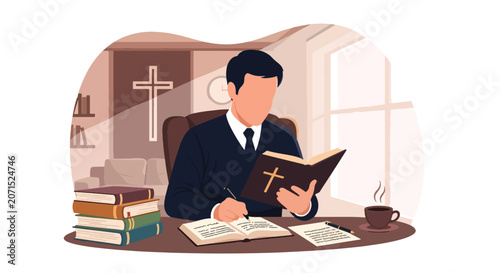 Konstfotografi Flat style vector illustration of a Christian man studying scripture and taking notes at a desk