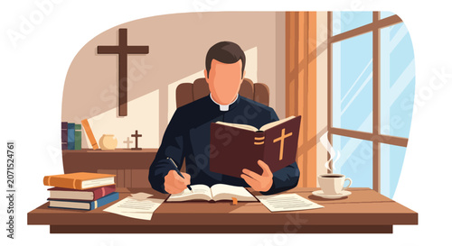 Konstfotografi Flat style vector illustration of a Christian man studying scripture and taking notes at a desk