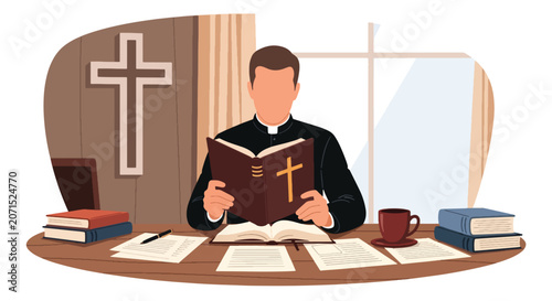 Konstfotografi Flat style vector illustration of a Christian man studying scripture and taking notes at a desk