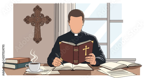 Canvas-taulu Flat style vector illustration of a Christian man studying scripture and taking notes at a desk