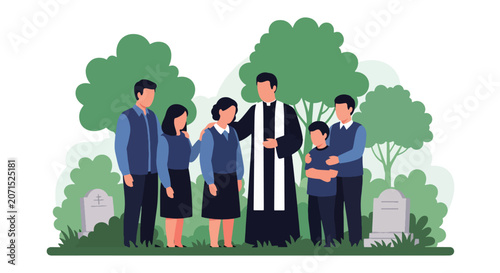 Bild auf Leinwand Flat style vector illustration of a pastor offering comfort and spiritual support to a family during a funeral service