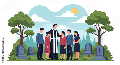 Canvas Print Flat style vector illustration of a pastor offering comfort and spiritual support to a family during a funeral service