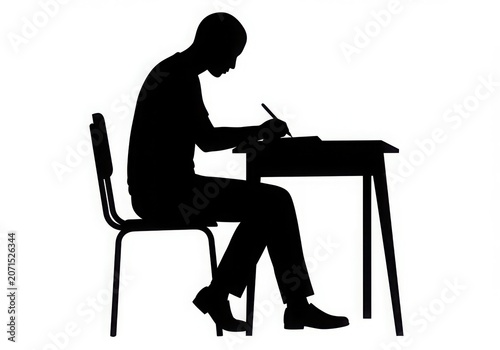 Silhouette of a person studying at a desk isolated on white background