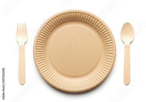 Eco friendly disposable paper plate with wooden fork and spoon on white background
