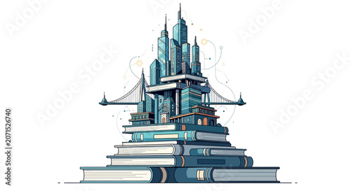 Illustration of skyscraper city on stacked books